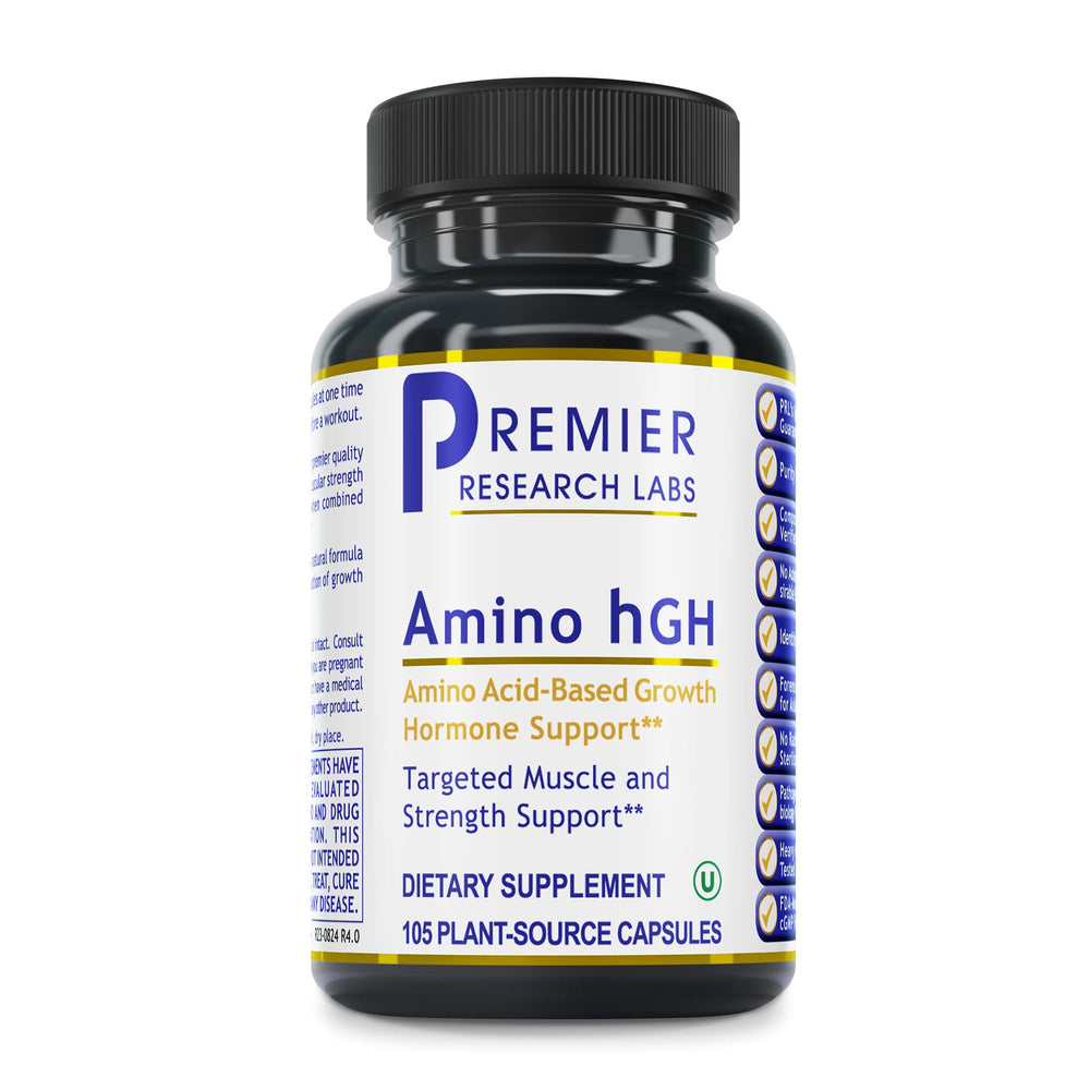 Premier Research Labs Amino HGH bottle showing convenient capsules for daily muscle-focused support