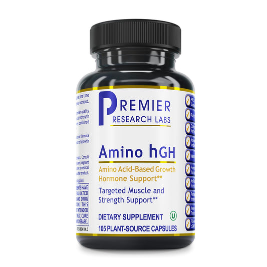 Premier Research Labs Amino HGH bottle showing convenient capsules for daily muscle-focused support