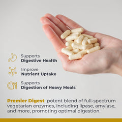 Premier Research Labs amylase-lipase-protease capsules pictured for enhanced meal digestion.