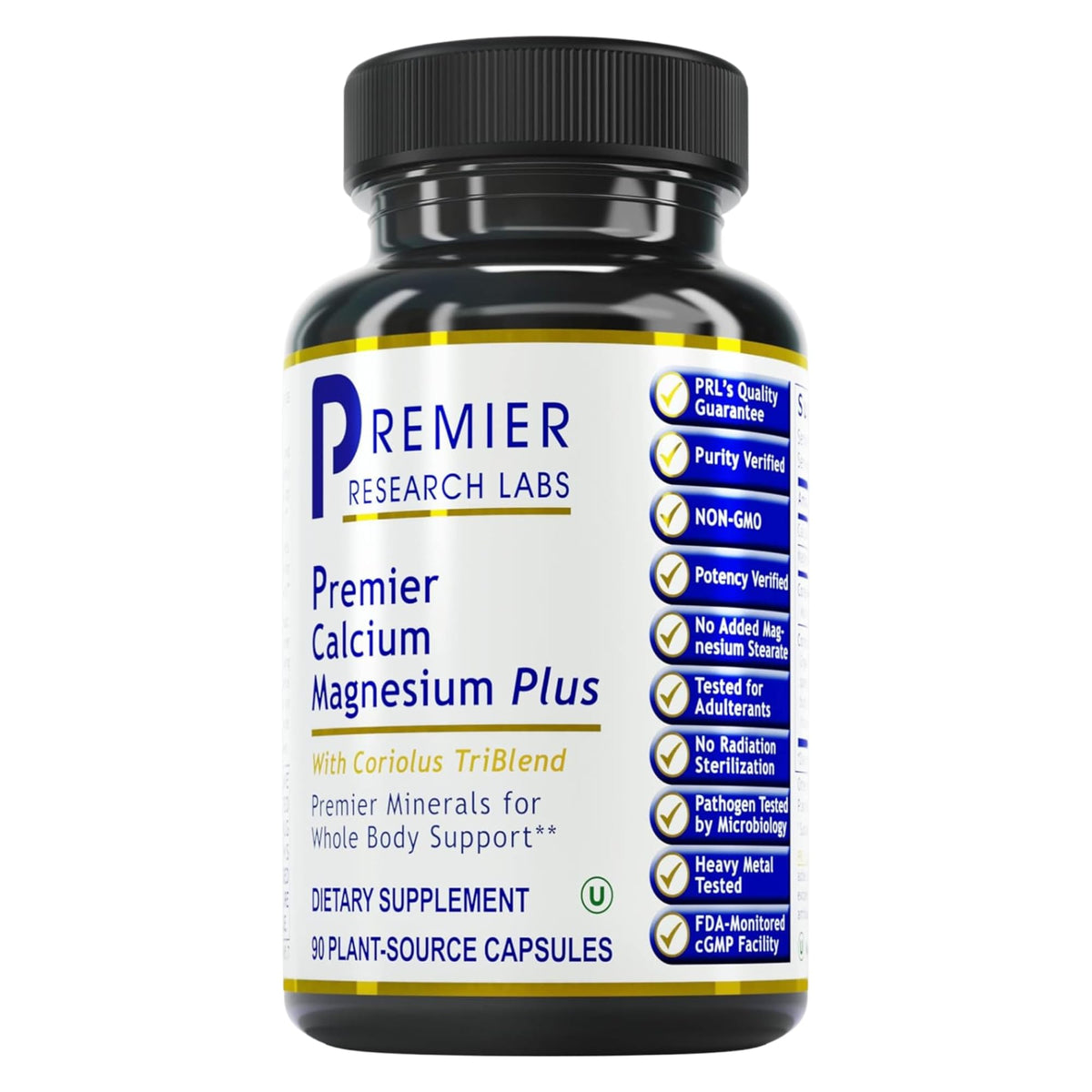 Premier Research Labs Calcium Magnesium Plus bottle front highlighting vegan coral calcium for bone support