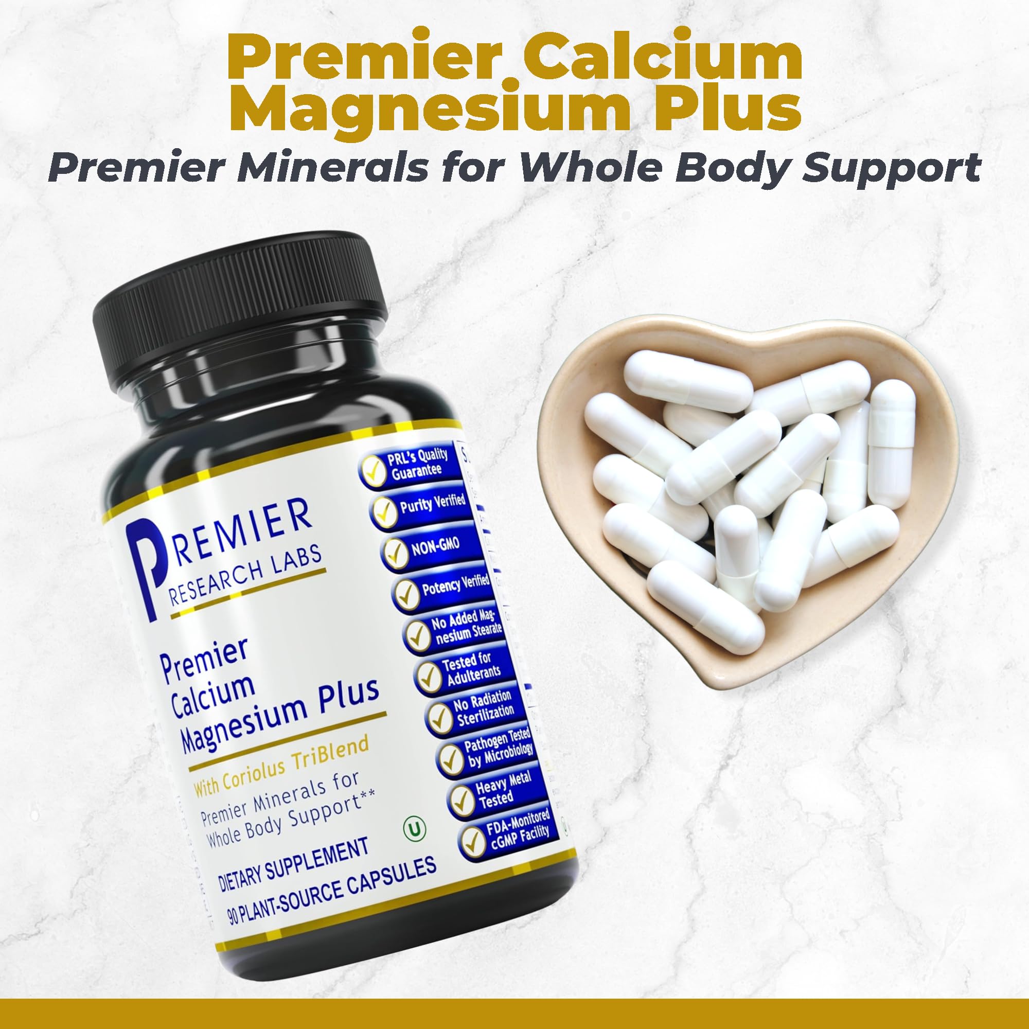 Premier Research Labs Calcium Magnesium Plus bottle label highlighting coral minerals and mushroom complex
