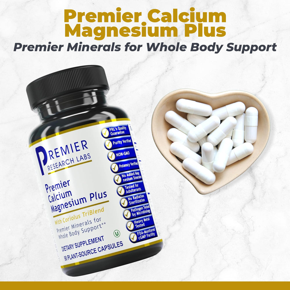 Premier Research Labs Calcium Magnesium Plus bottle label highlighting coral minerals and mushroom complex