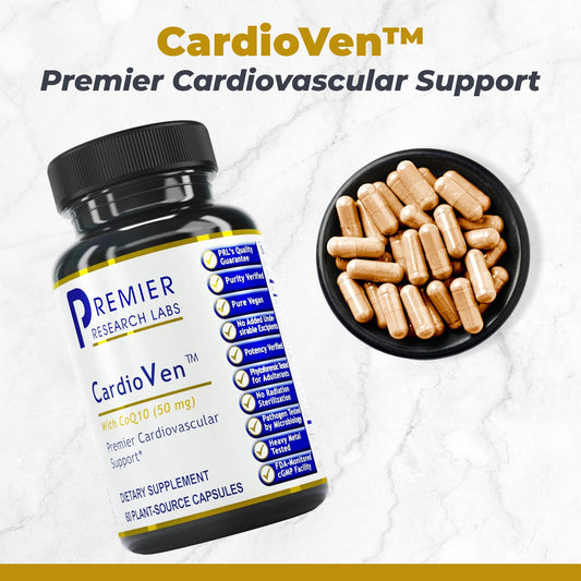 Closeup of CardioVen capsules highlighting natural CoQ10 and phytonutrient blend benefits.