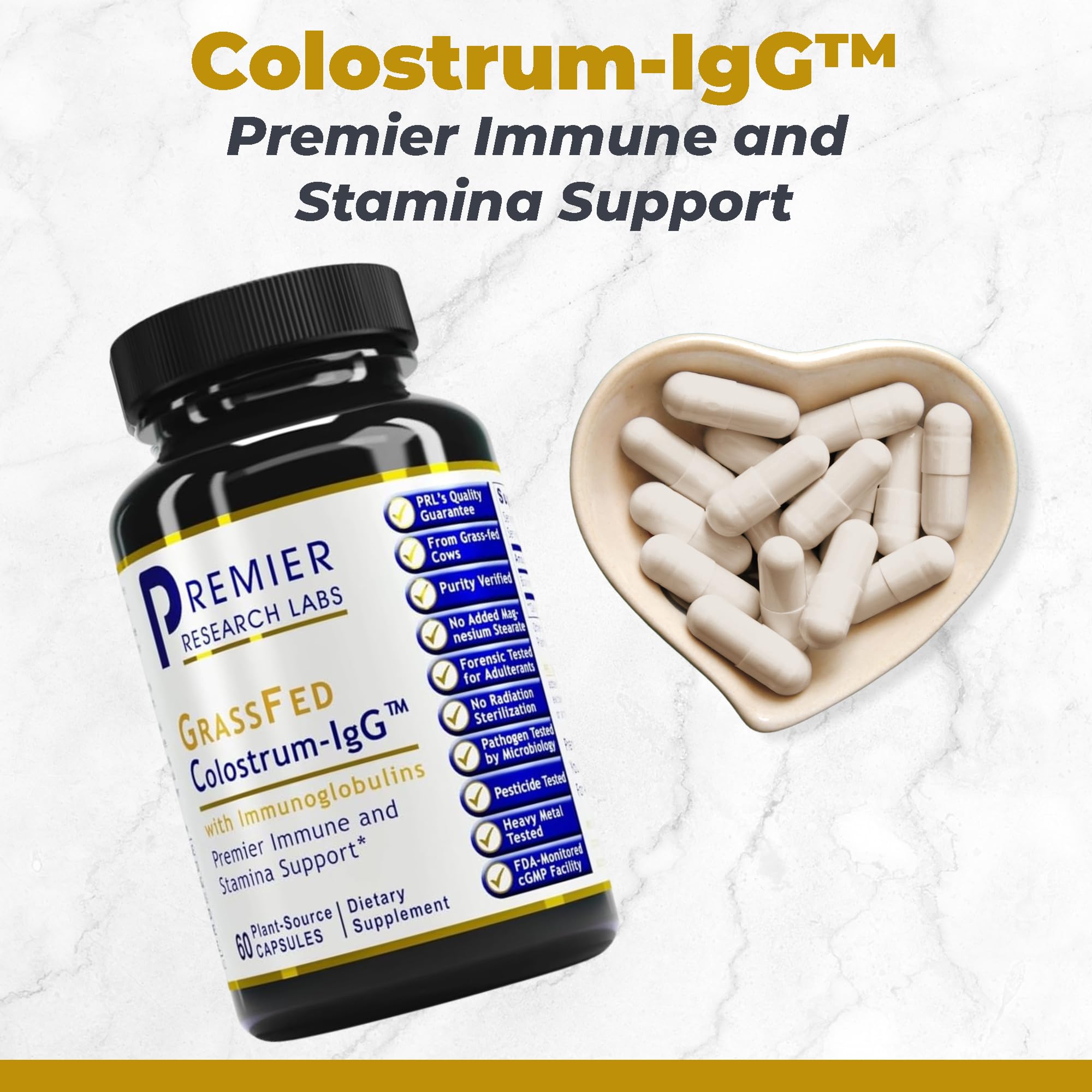 Capsules closeup showing Colostrum IgG for convenient daily supplementation.