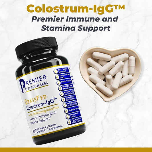Capsules closeup showing Colostrum IgG for convenient daily supplementation.