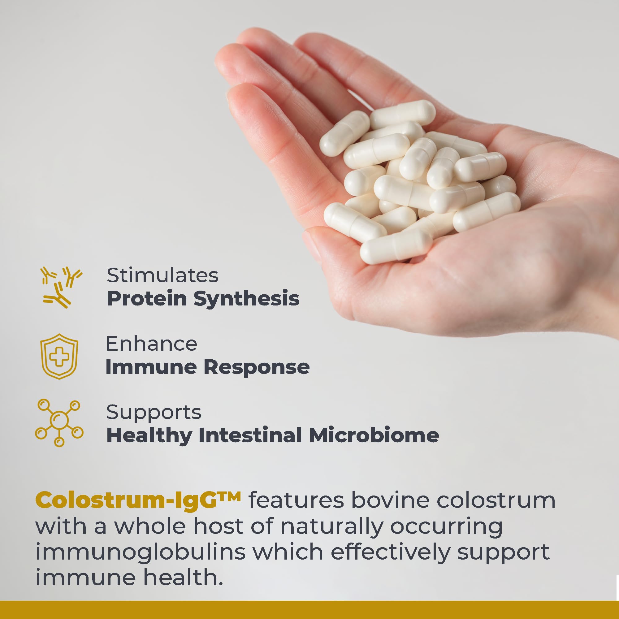 Ingredients panel highlights amino acids and lactoferrin in Colostrum IgG.