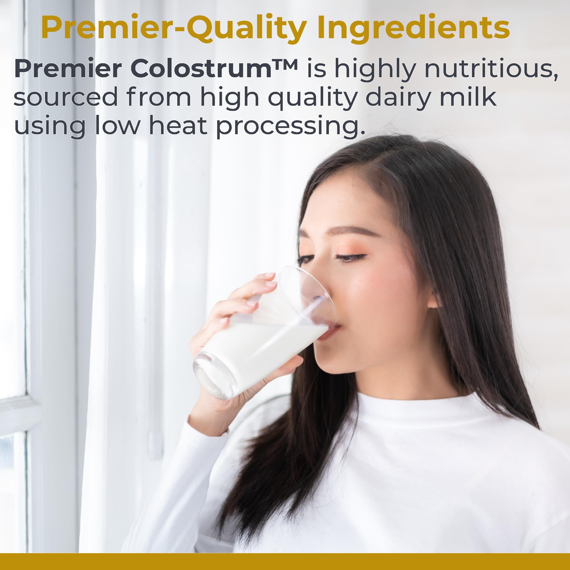 Premier Research Labs Colostrum Powder nutrition label highlights amino acids and lactoferrin.