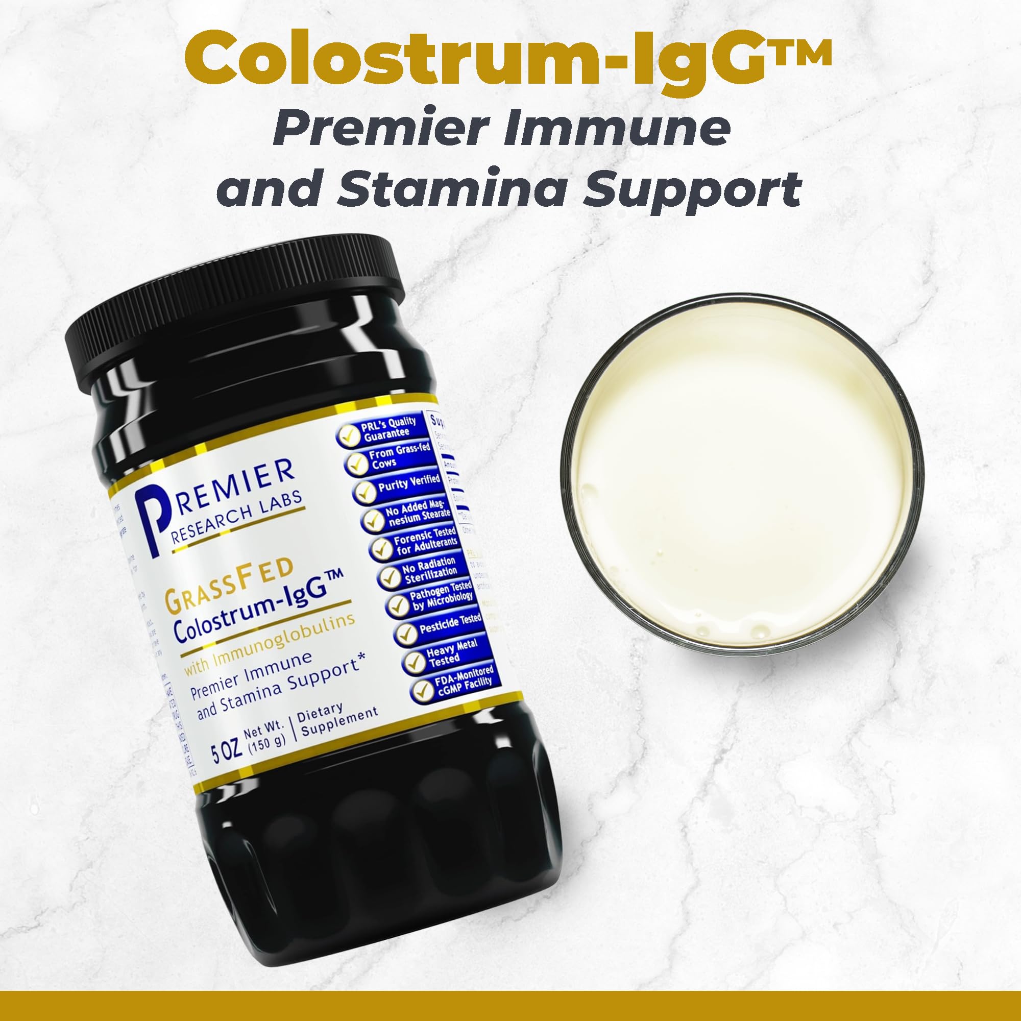 Premier Research Labs Colostrum Powder being poured into a spoon for easy intake.
