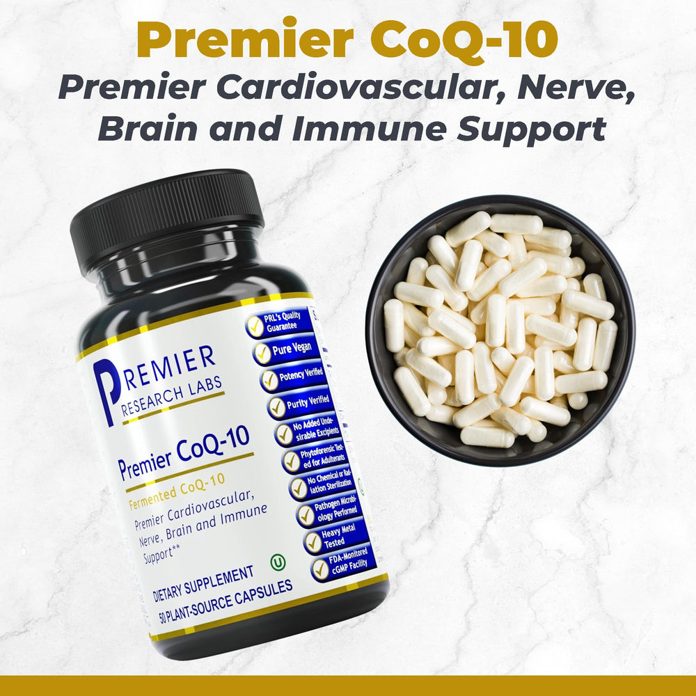 Premier Research Labs CoQ10 capsules closeup for easy dosing