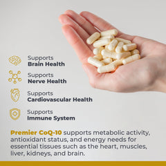 Label artwork on Premier Research Labs CoQ10 emphasizing quality