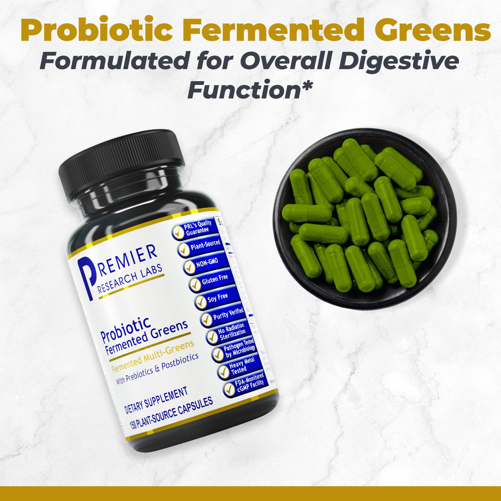 Premier Research Labs daily supergreens blend capsules visible in bottle for convenient nutrition.