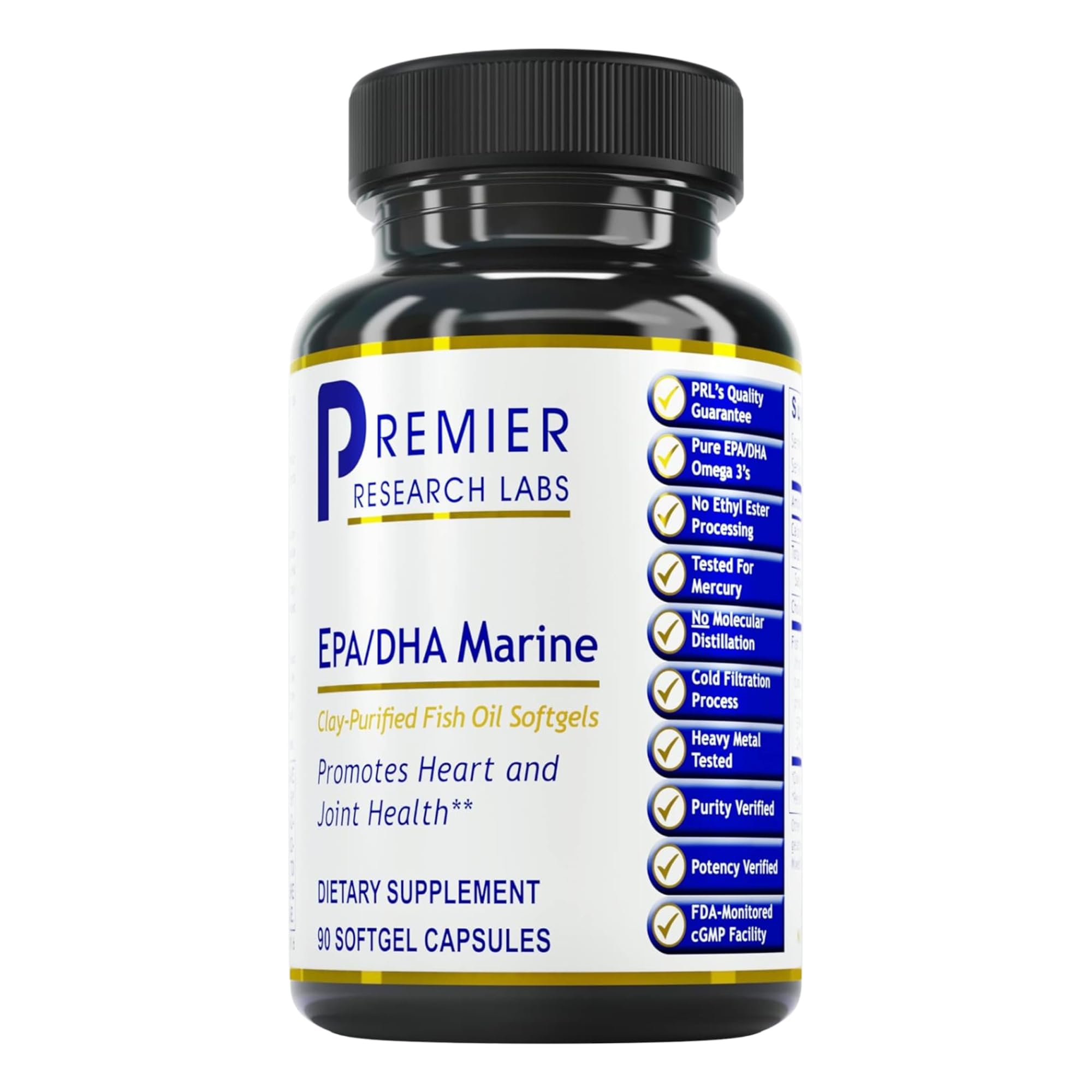 Premier Research Labs EPA DHA softgels bottle promoting heart health and daily wellness.