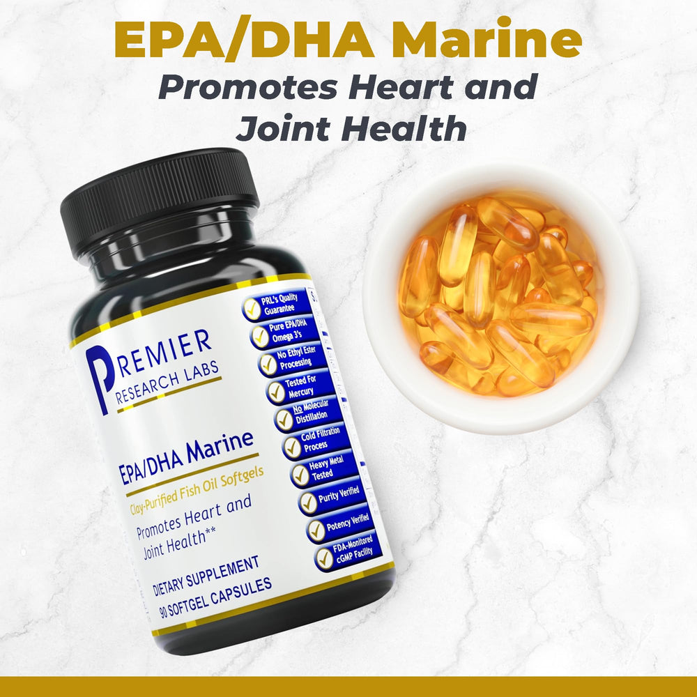 Premier Research Labs softgels capsules close-up highlighting omega-3 content for brain health.