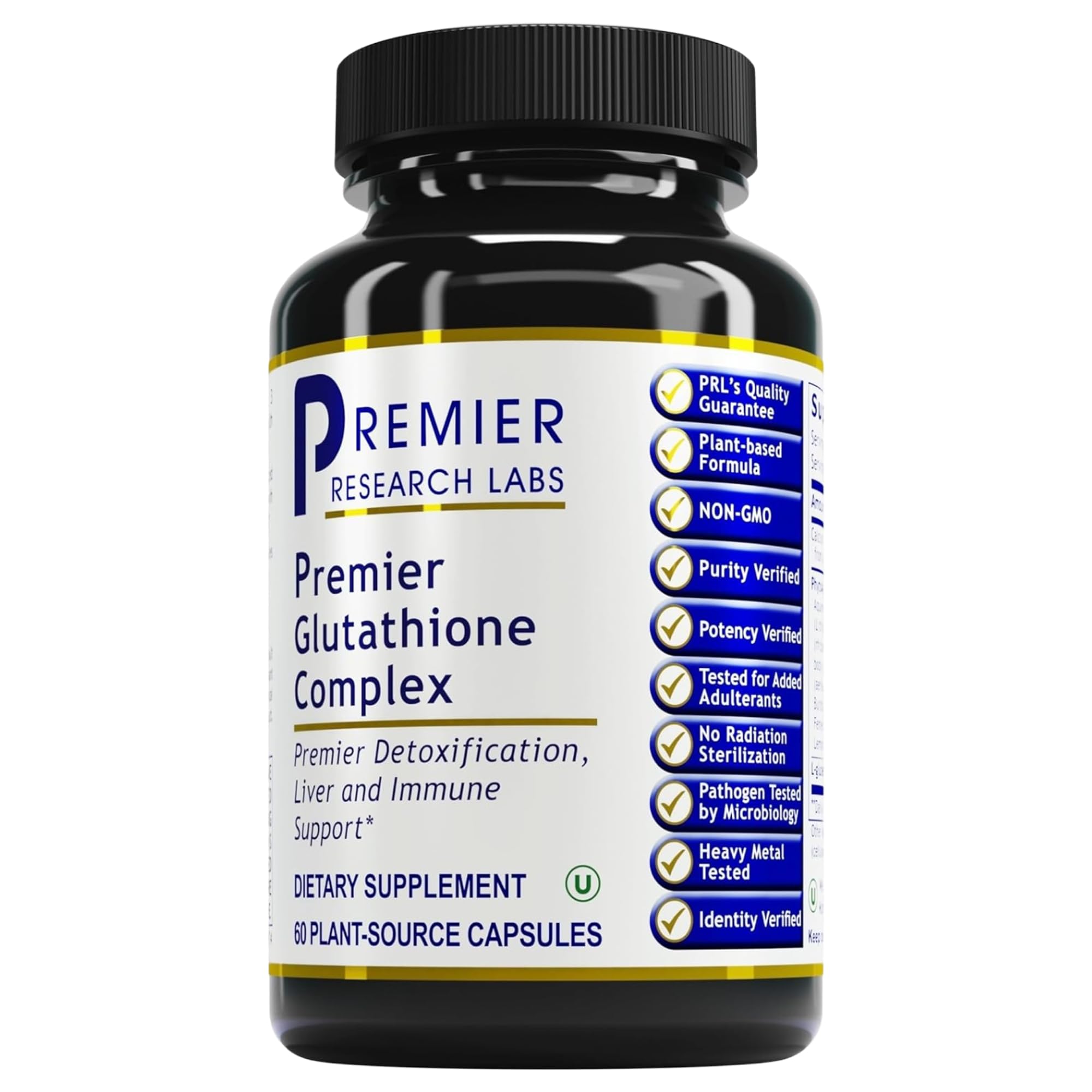 Premier Research Labs Glutathione Complex bottle showing 60 vegetarian capsules for daily antioxidant support