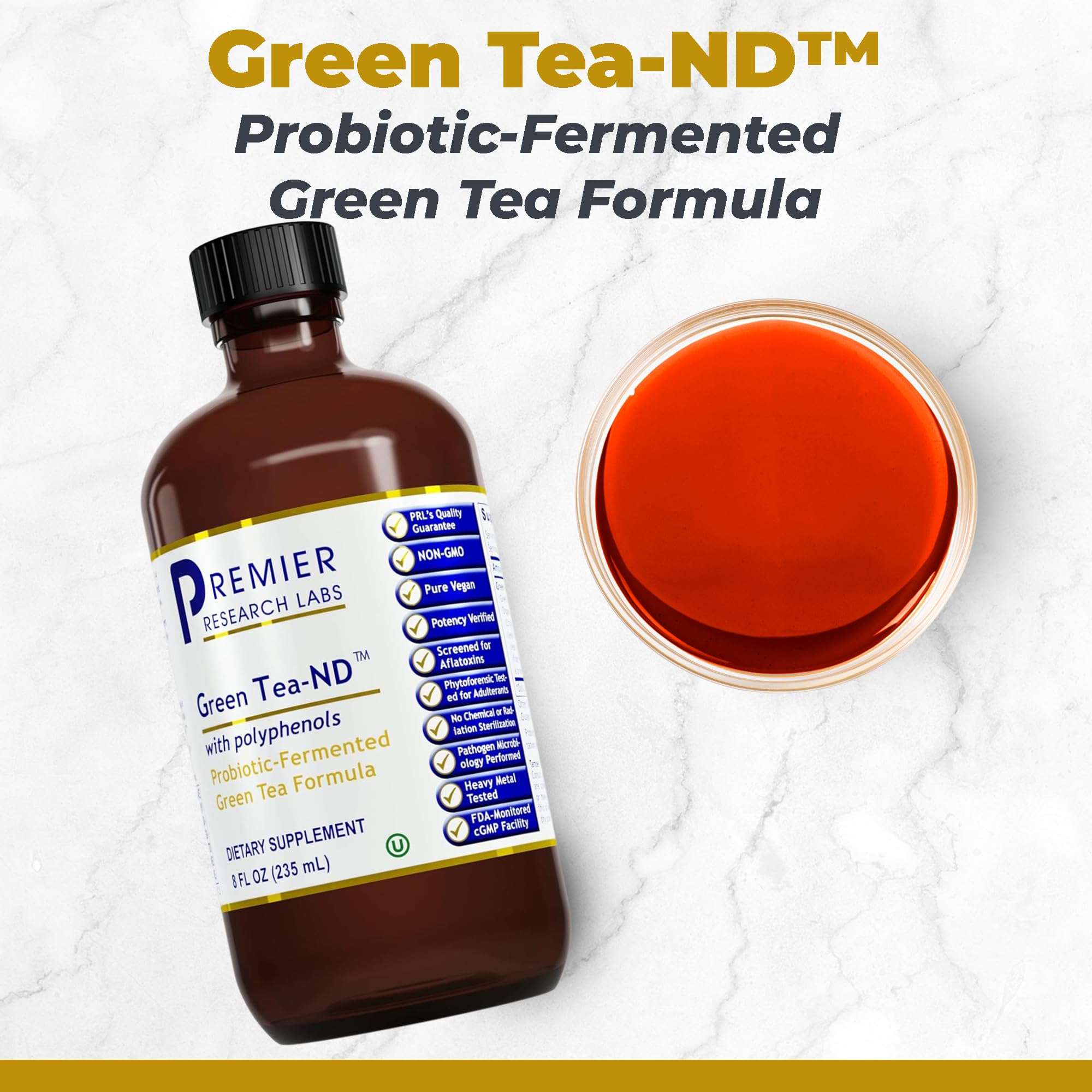 Green Tea-ND dropper releases probiotic-fermented extract for convenient daily use.