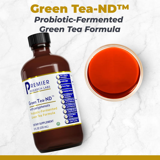 Green Tea-ND dropper releases probiotic-fermented extract for convenient daily use.