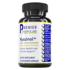 Premier Research Labs Hyssinol bottle with label, highlighting antioxidant support in every capsule.