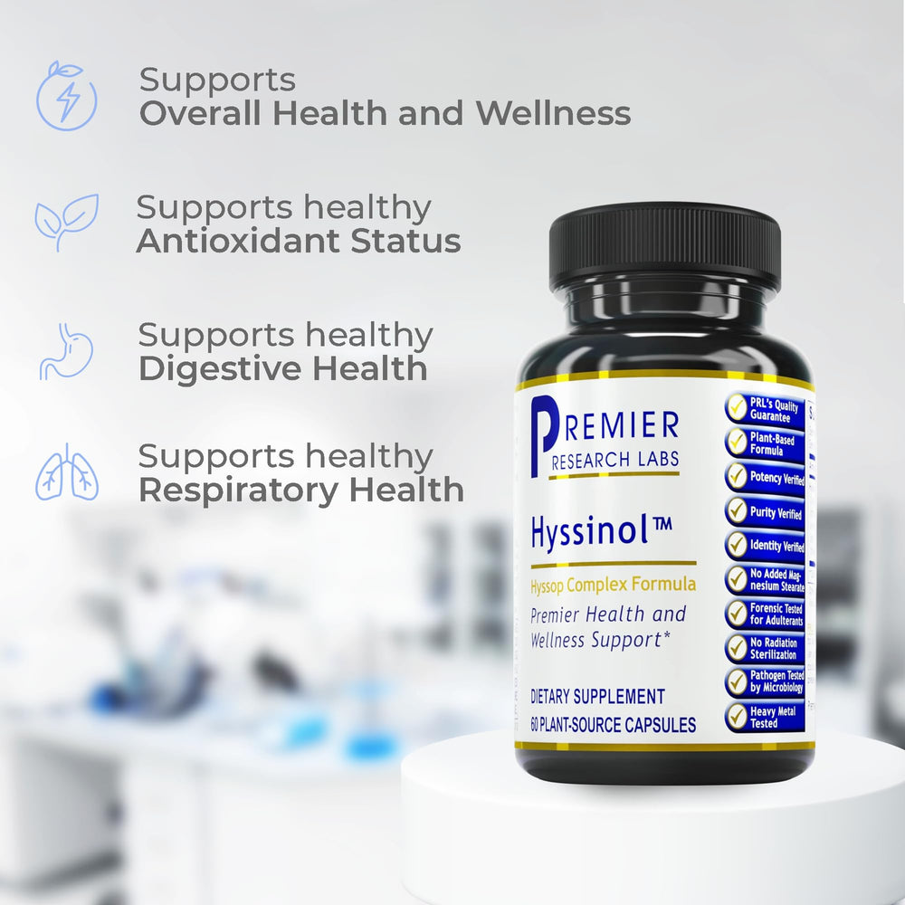 Premier Research Labs Hyssinol dry hyssop herb packaging, for gentle respiratory and digestive support.