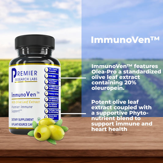 Premier Research Labs ImmunoVen capsules on counter highlighting heart health potential