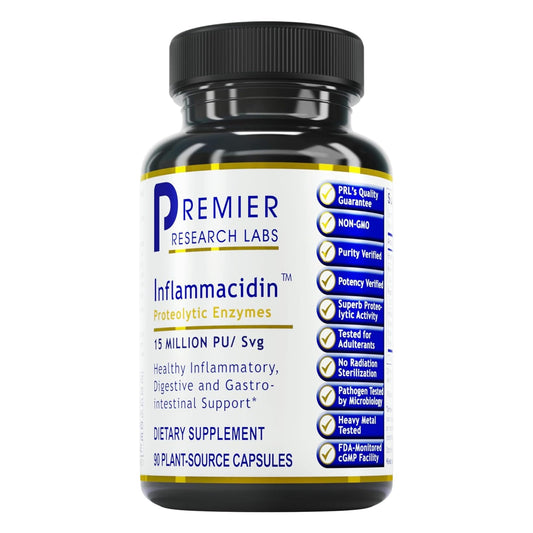 Premier Research Labs Inflammacidin bottle front shows product for daily digestion support