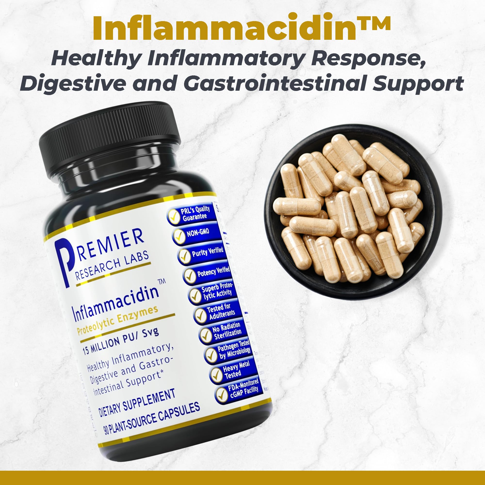 Premier Research Labs Inflammacidin bottle label closeup highlights vegan bromelain and papain ingredients