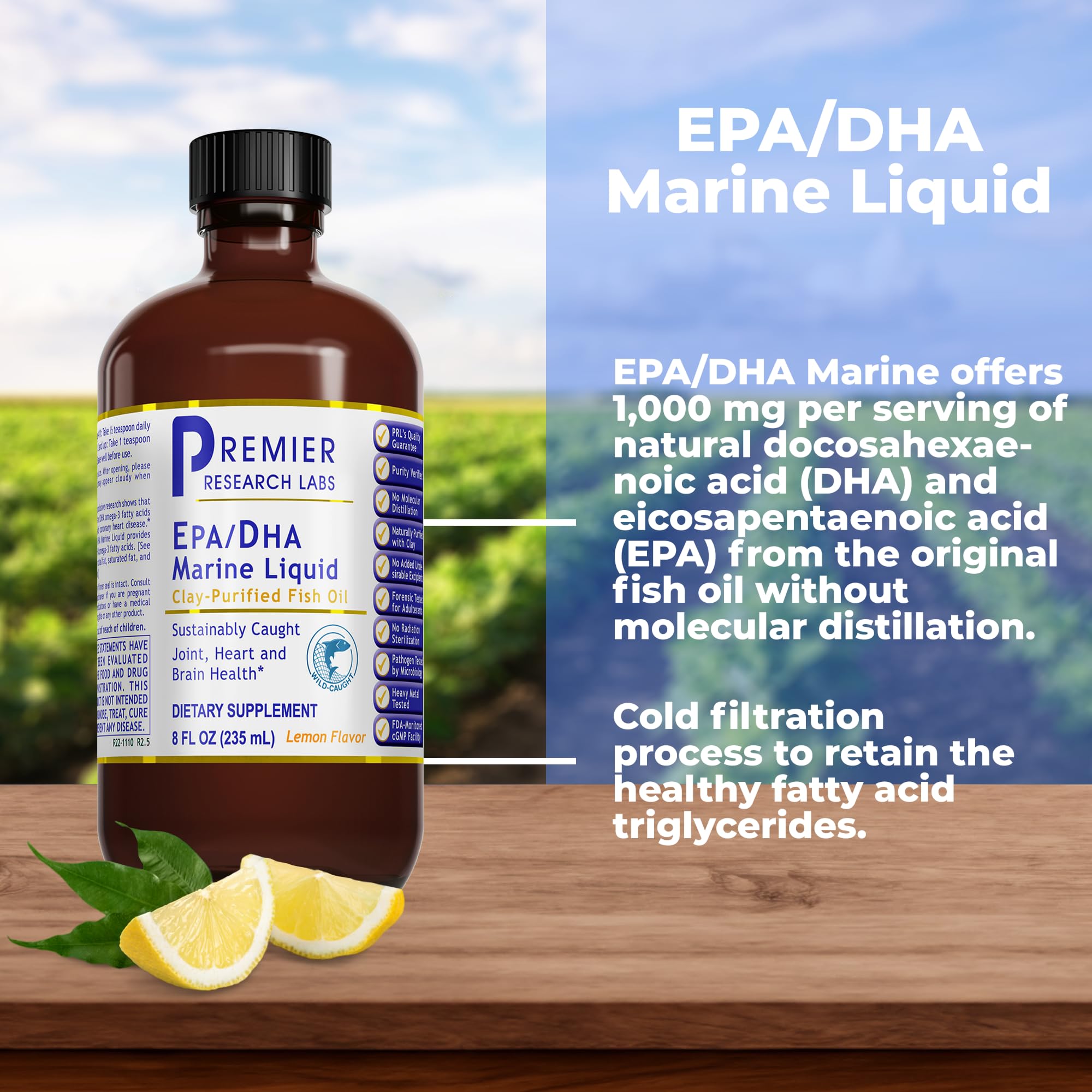 Premier Research Labs lemon-flavor omega-3 bottle highlighting taste and daily use.