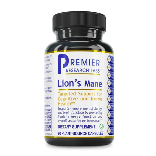 Premier Research Labs Lion's Mane capsule supports focus and memory