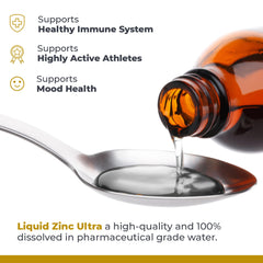 Teaspoon beside a glass, showing daily dosing with Liquid Zinc Ultra.