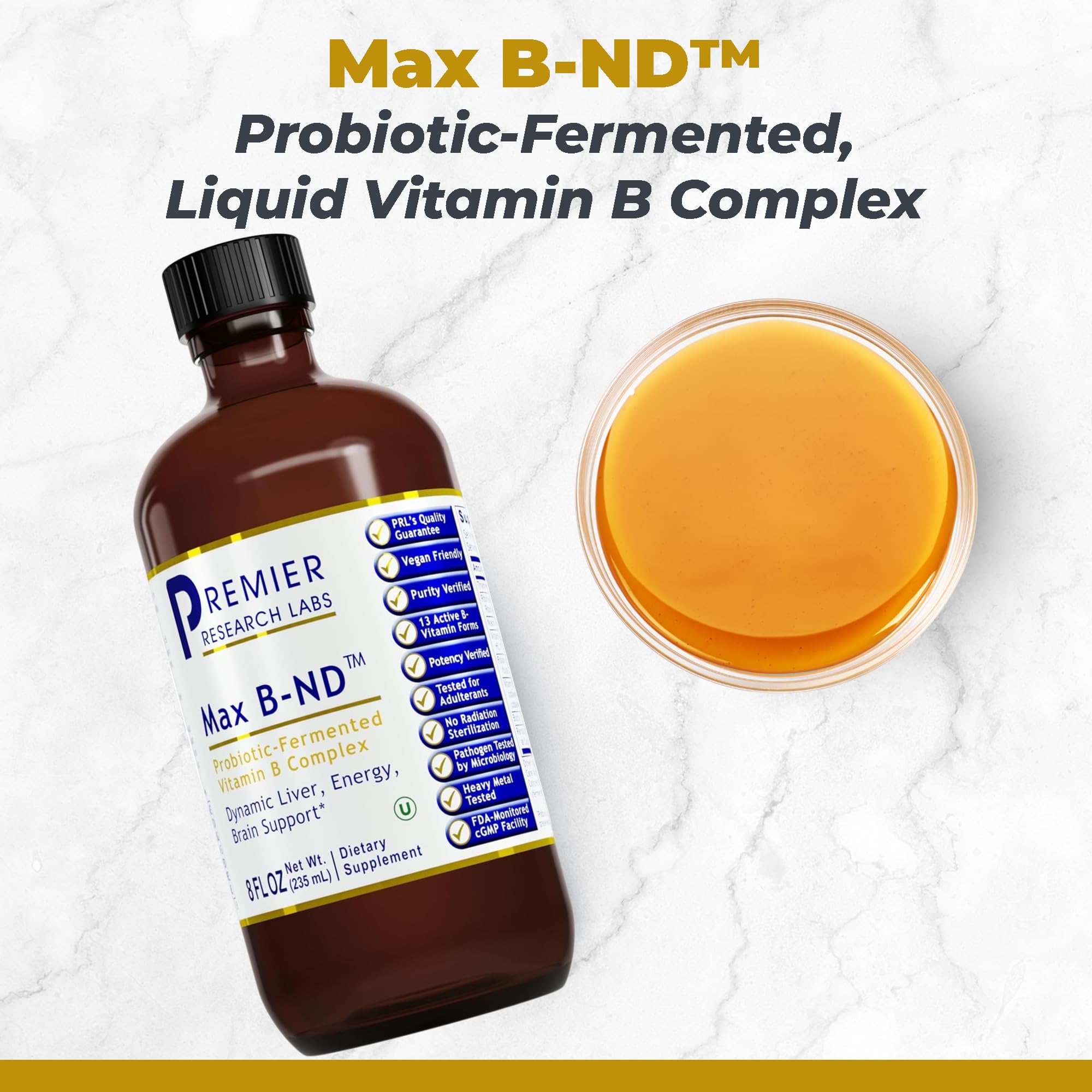 Premier Research Labs Max B-ND bottle closeup label highlighting key B vitamins