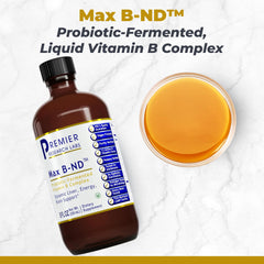 Premier Research Labs Max B-ND bottle closeup label highlighting key B vitamins