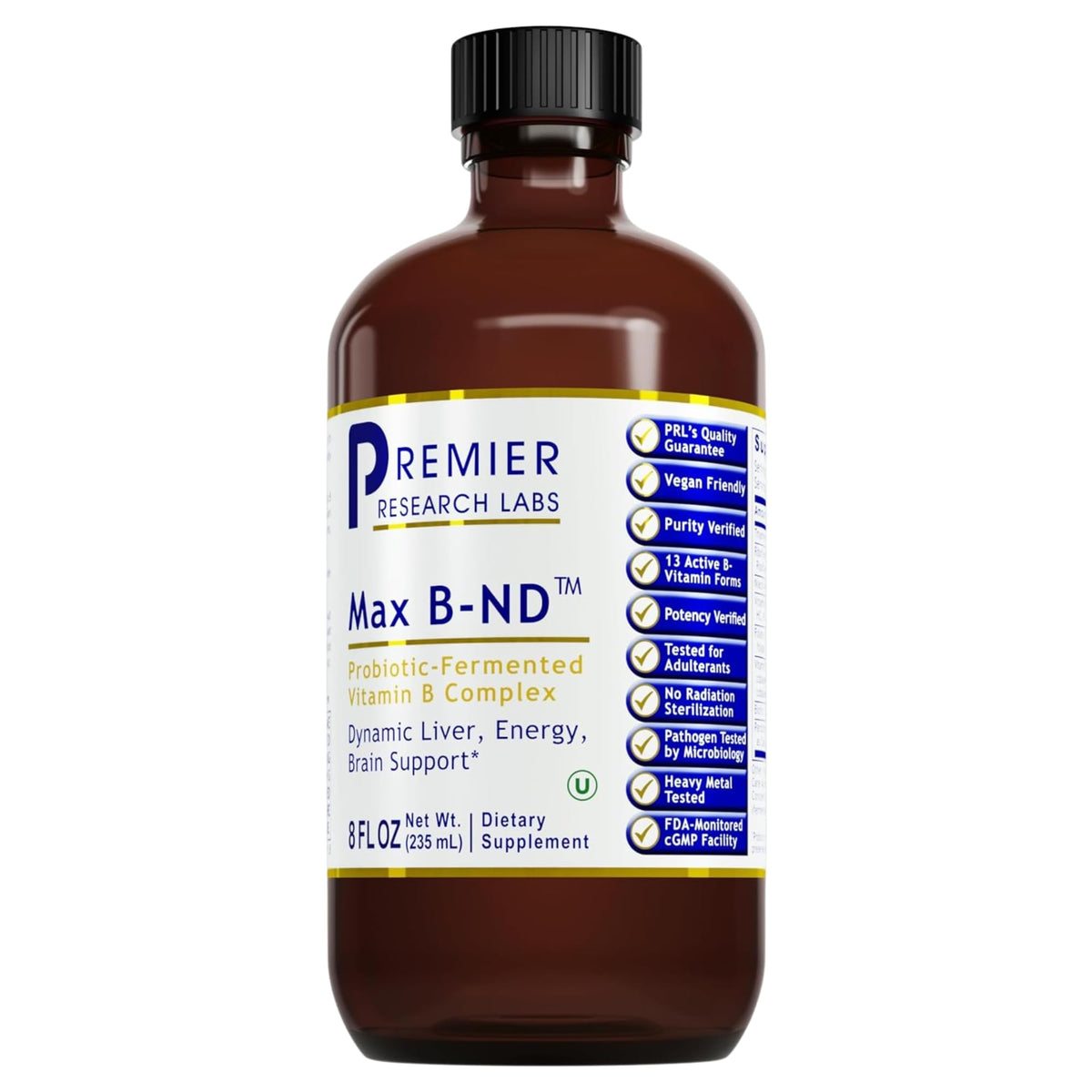 Premier Research Labs Max B-ND bottle pour showing quick sublingual delivery for daily energy