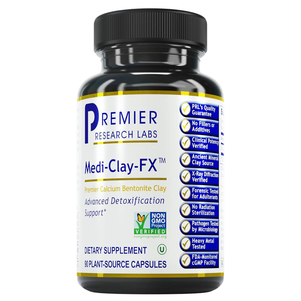 Premier Research Labs Medi-Clay-FX packshot showing bentonite capsules for detox support