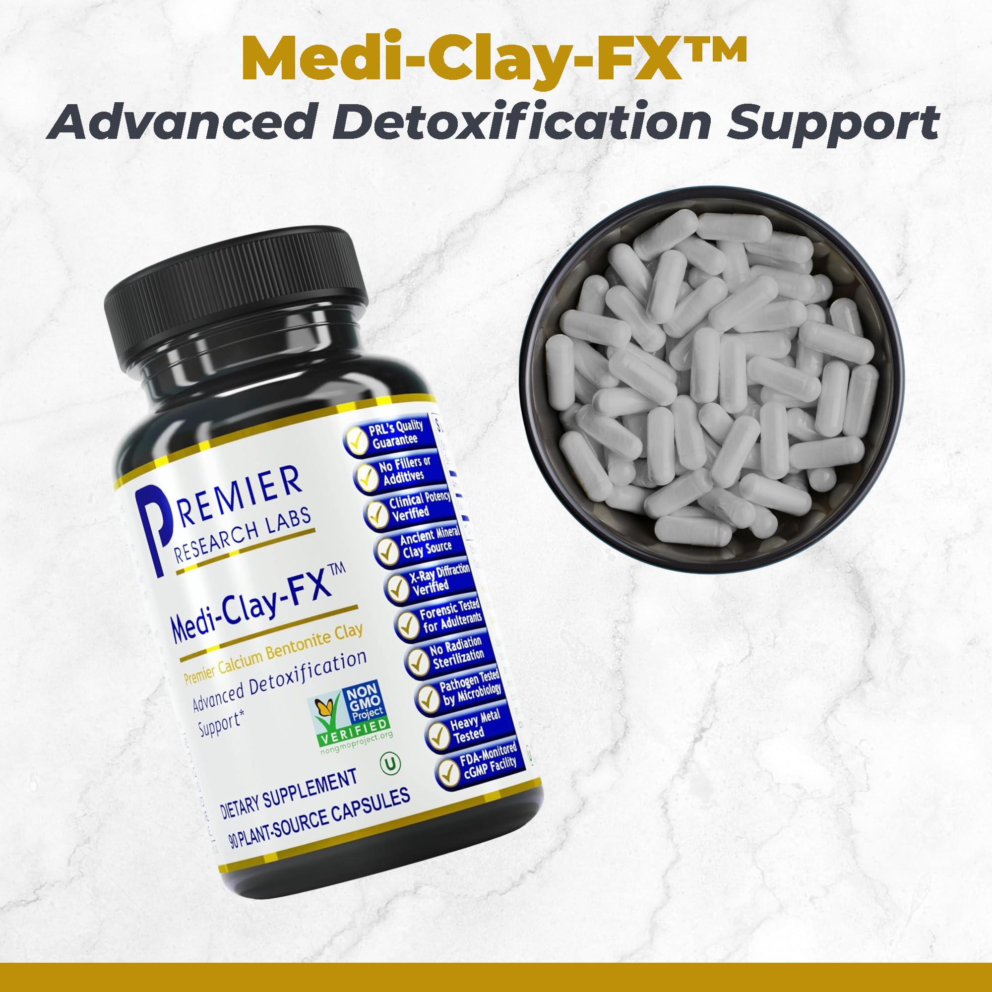 Medi-Clay-FX capsule closeup highlighting vegan, additive-free formula for daily cleansing
