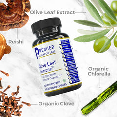 Premier Research Labs Olive Leaf Immune oleuropein-rich extract image highlighting 20% oleuropein.