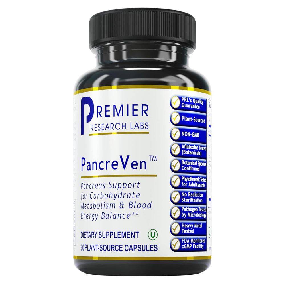 Premier Research Labs PancreVen bottle label highlighting organic cinnamon and botanicals for pancreas support
