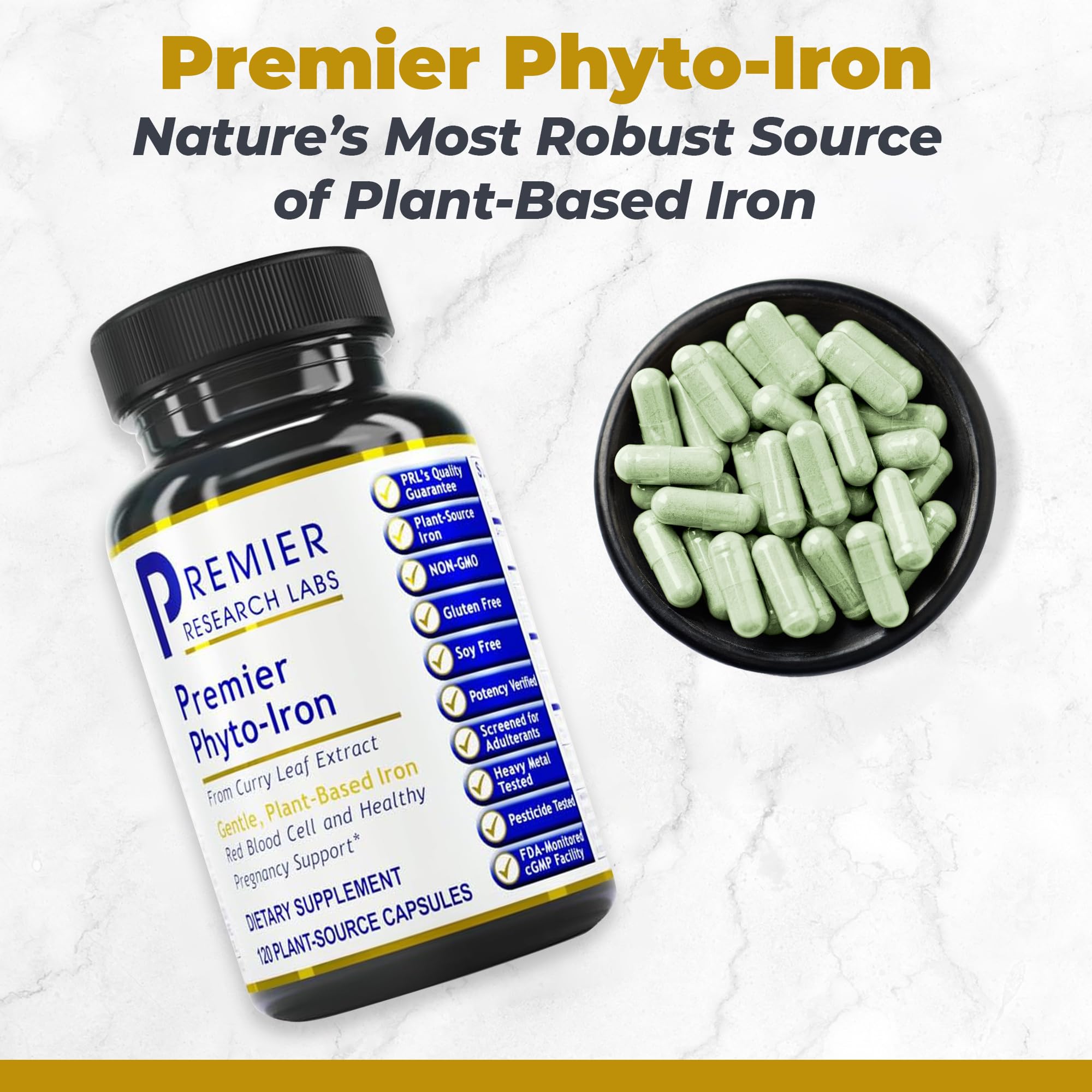 Premier Research Labs Phyto-Iron bottle front view, non-heme iron from curry leaves.