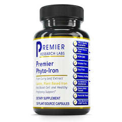 Premier Research Labs Phyto-Iron capsules close-up, plant-based iron for daily support.