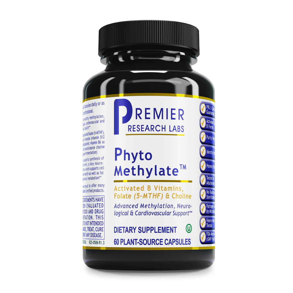 Premier Research Labs Phyto Methylate bottle with methylated B vitamins for daily wellness.