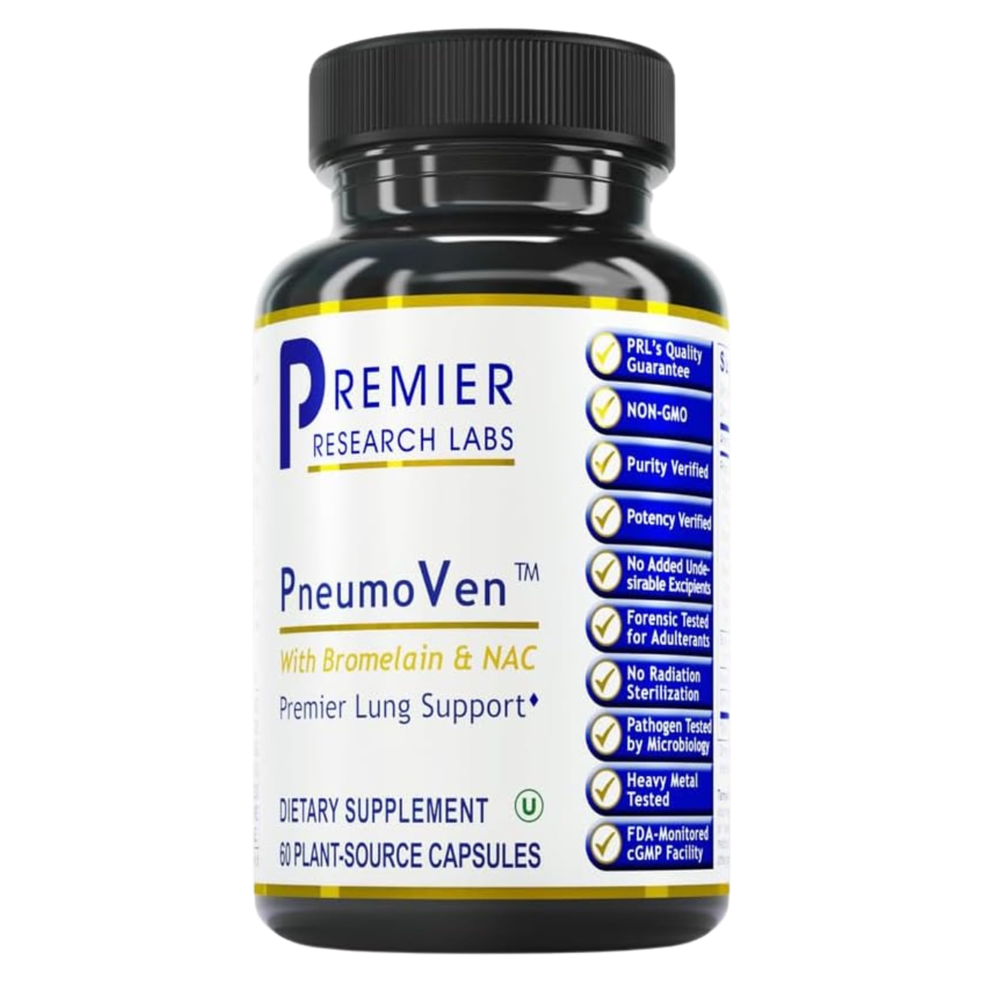 Premier Research Labs PneumoVen bottle label promotes lung support and clarity.