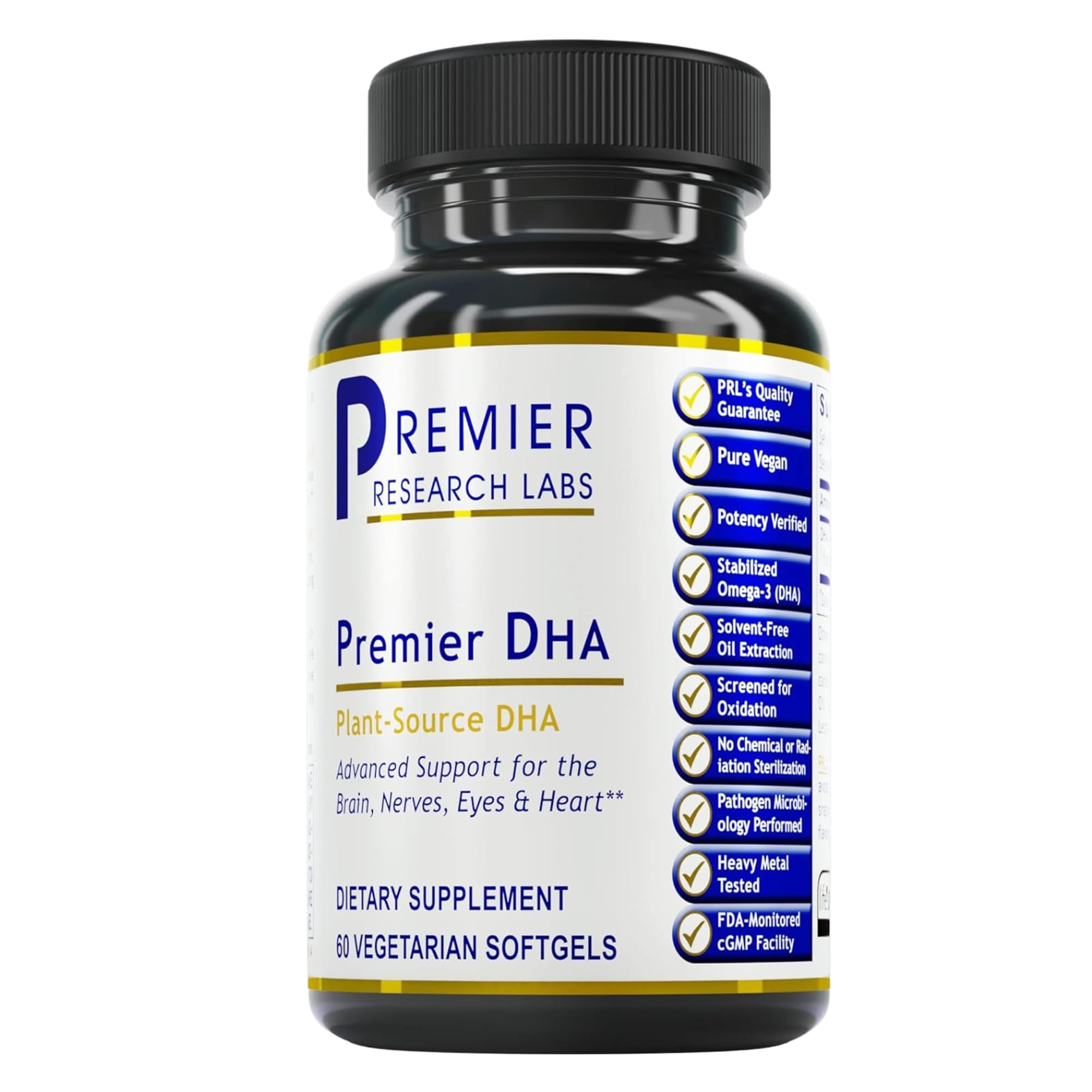 Premier DHA softgel bottle showing vegan algae omega-3 for brain and eye support