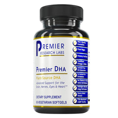 Premier DHA softgel bottle showing vegan algae omega-3 for brain and eye support