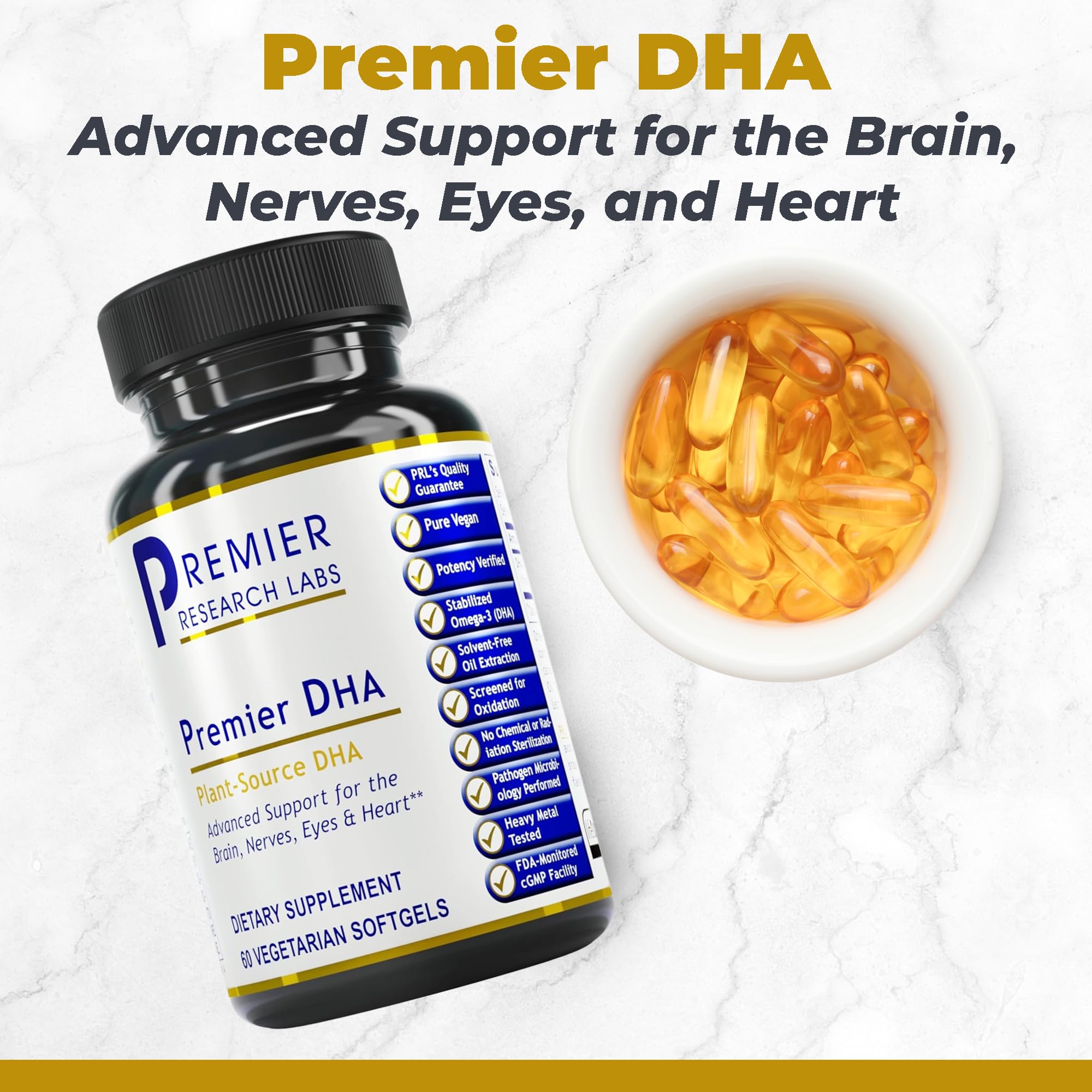 Premier DHA capsules spread on surface highlight plant-based omega-3 from algae