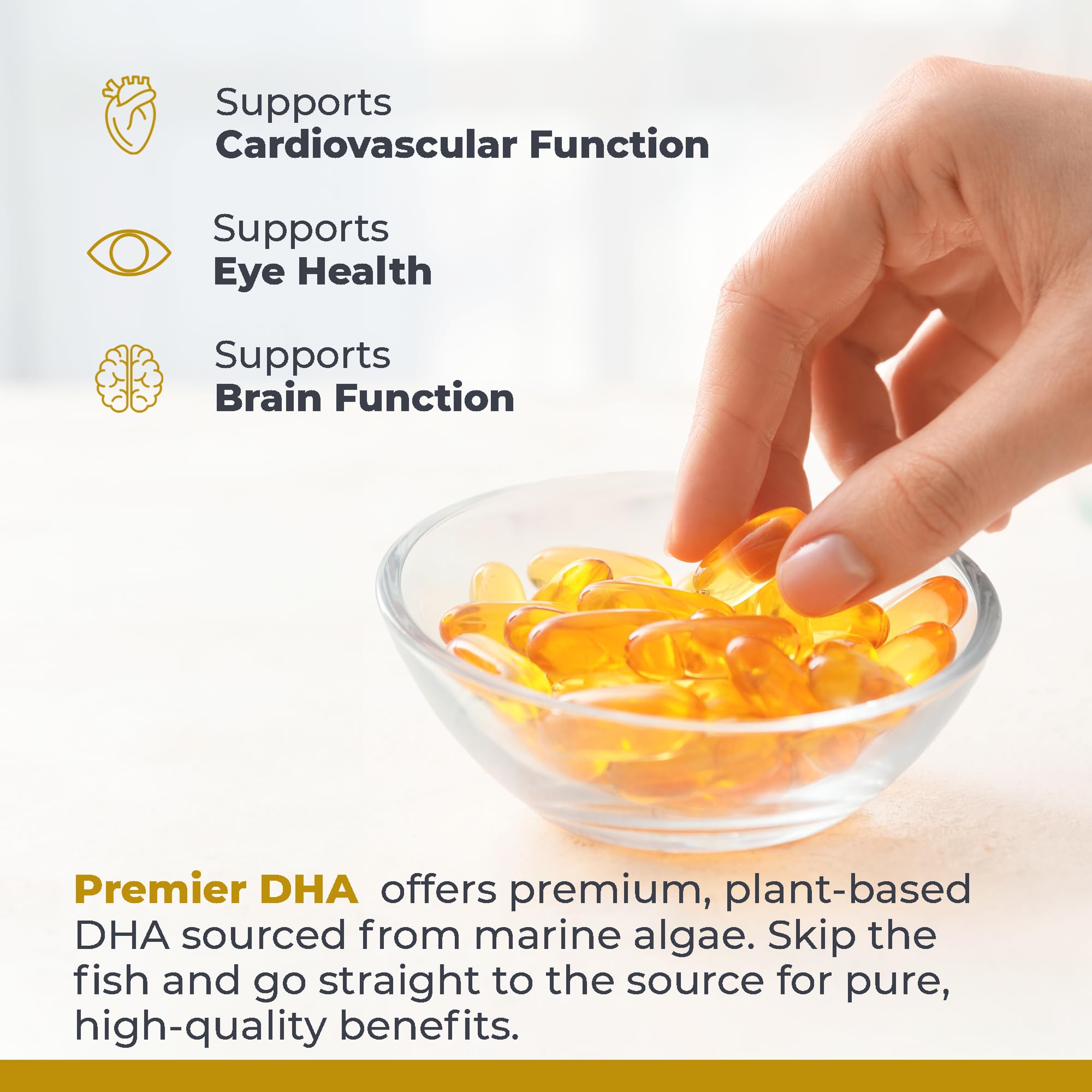 Premier DHA softgel half-closeup highlights compact capsule design