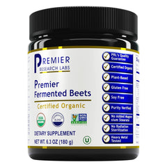 Premier Research Labs Premier Fermented Beets jar front view with natural nitrate-rich powder for daily wellness.