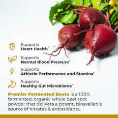 Premier Research Labs Premier Fermented Beets label detail highlights organic and sustainably sourced ingredients.