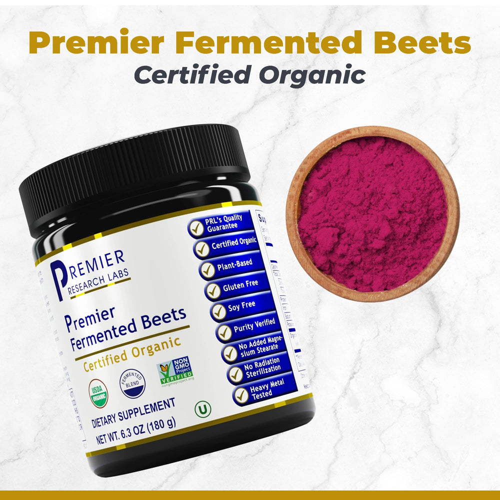 Premier Research Labs Premier Fermented Beets spoon scoop shows convenient dose for smoothies.