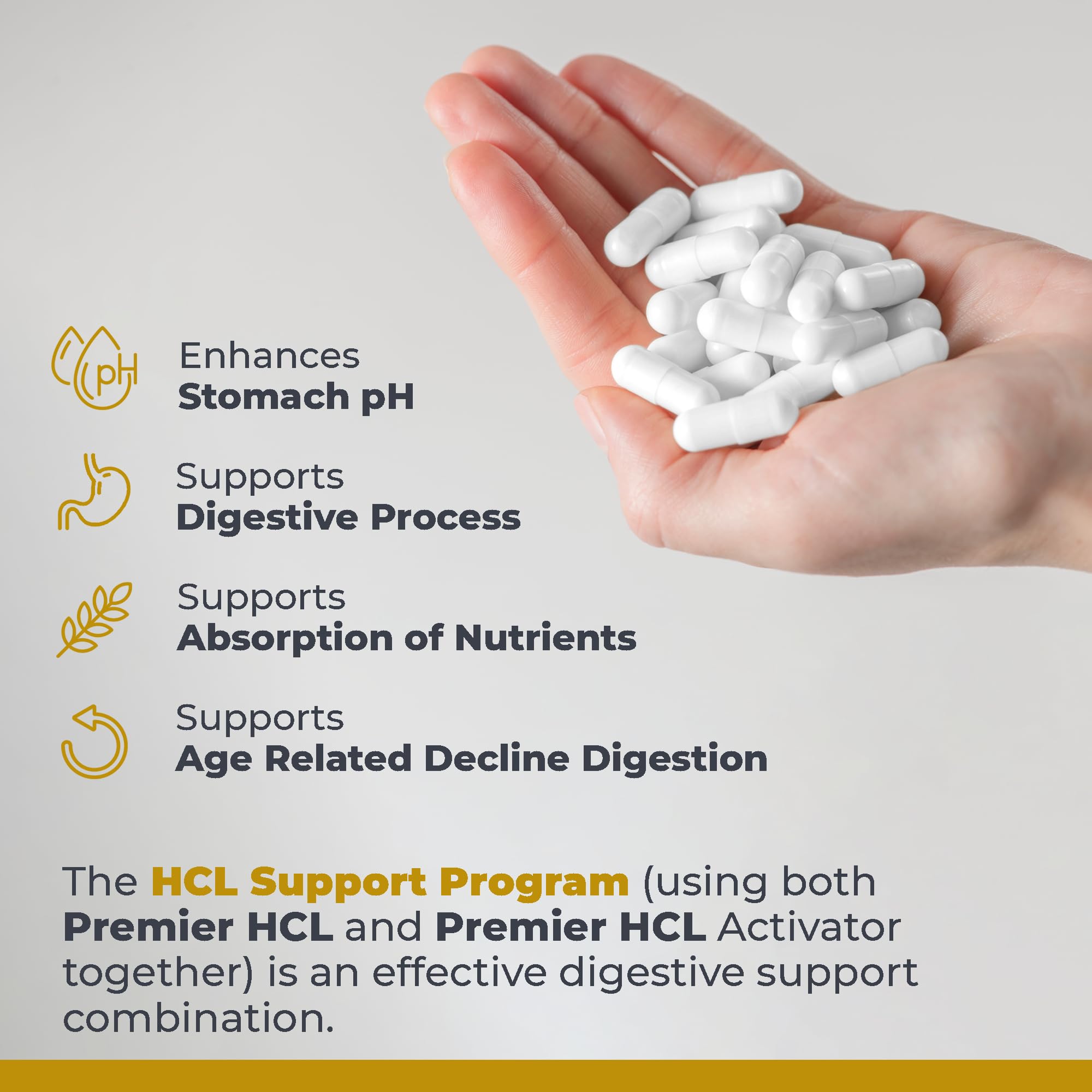 Two bottles show Premier HCL Activator and Premier Betain HCL pairing for absorption.