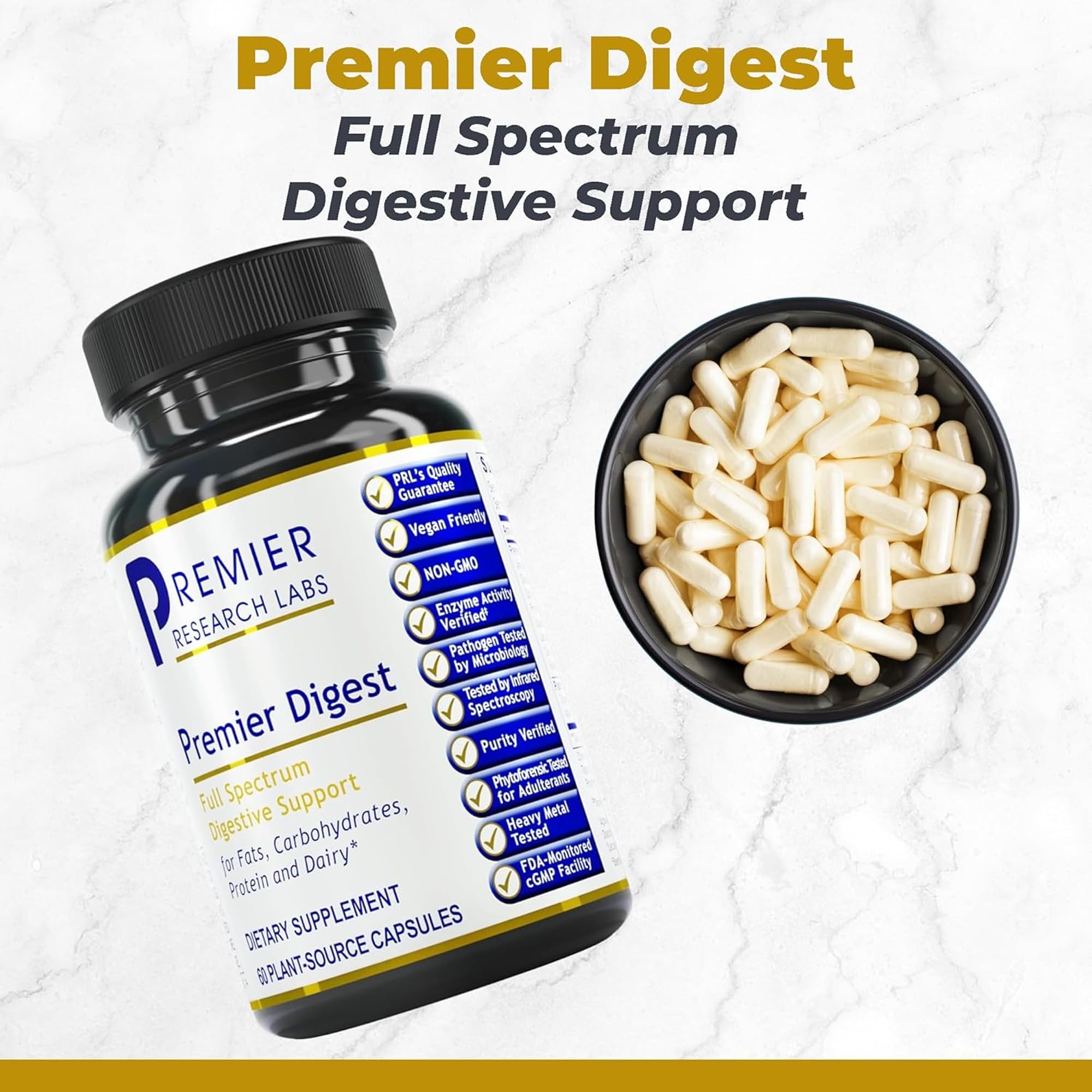 Premier Research Labs probiotic capsules on label highlighting gut support and prebiotic blend.