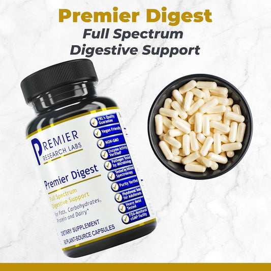 Premier Research Labs probiotic capsules on label highlighting gut support and prebiotic blend.