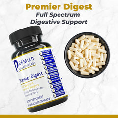 Premier Research Labs probiotic capsules on label highlighting gut support and prebiotic blend.